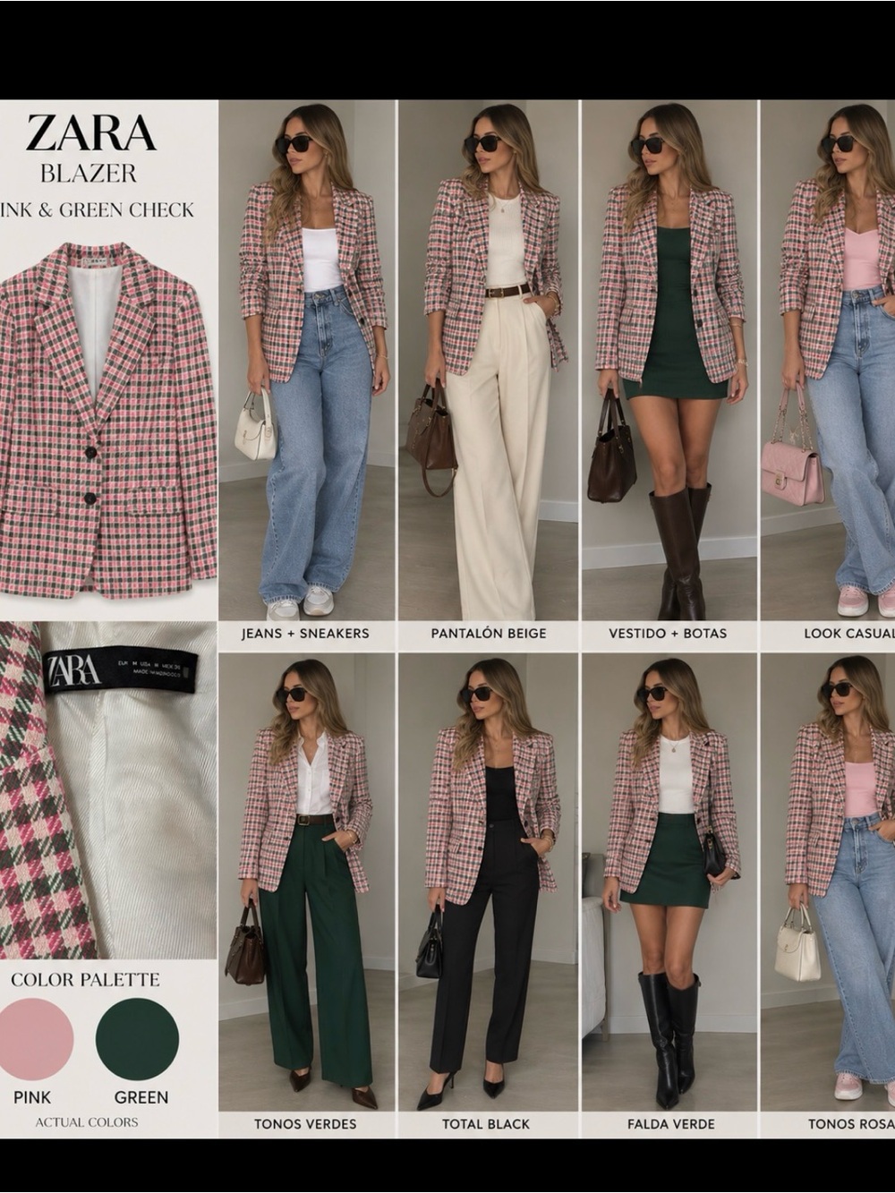 Zara Pink and Green Check Tweed Blazer